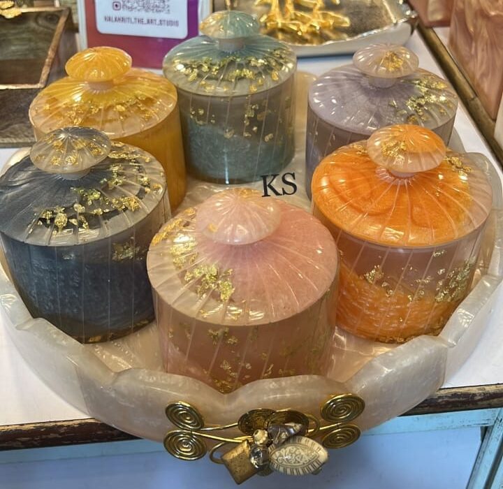 Handmade Resin Decorative Jars with Lids and Tray Set | Manufacturer & Exporter